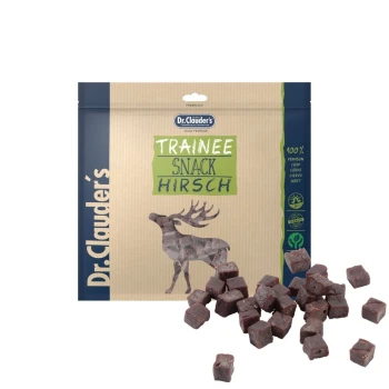 Dr. Clauder's Trainee Snack Hirsch Verpackung mit einer Silhouette eines Rehs, mit kleinen Würfeln von Reh-Leckerlis, die davor verstreut sind.