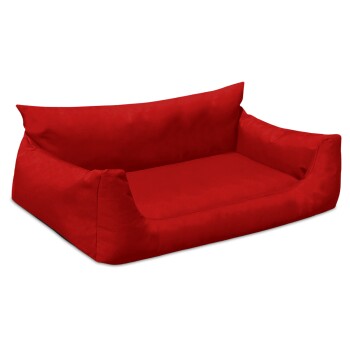 Rotes Haustierbett aus weichem Stoff, mit hohen Seiten für Komfort und Unterstützung, ideal für kleine bis mittelgroße Haustiere.