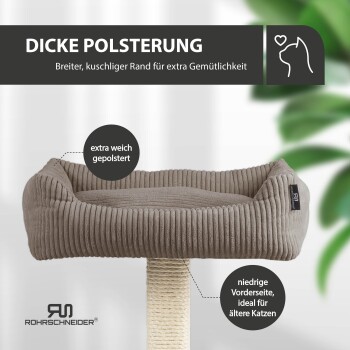 Katzenbett mit dicker Polsterung und einem weichen, breiten Rand für Komfort, mit Text, der seine zusätzliche Weichheit und die niedrige Vorderseite für ältere Katzen hervorhebt.