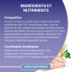 Étiquette d'aliment pour animaux en français « INGRÉDIENTS ET NUTRIMENTS » montrant composition et analyse, poulet et blé, pastille « SPÉCIAL CHAT STÉRILISÉ »
