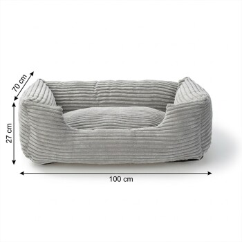 Panier rectangulaire en peluche côtelée grise avec côtés rembourrés, dimensions indiquées 100 cm × 70 cm × 27 cm