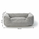 Panier rectangulaire en peluche côtelée grise avec côtés rembourrés, dimensions indiquées 100 cm × 70 cm × 27 cm