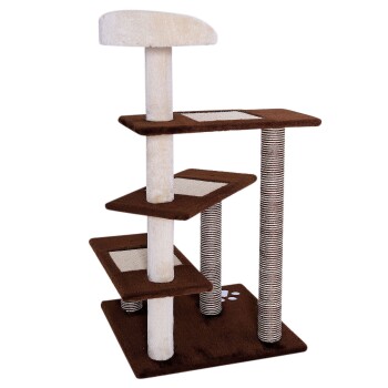 Katzenbaum mit vier Ebenen, ausgestattet mit einer weichen oberen Liegefläche, Kratzpfosten und plüschigen Plattformen in braun- und cremefarben.