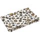 Folded fleece blanket featuring a white background with black and tan leopard spots and paw prints.