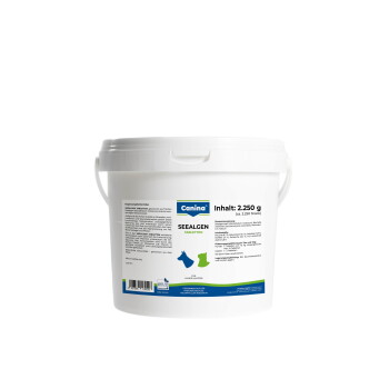 Weißer Kunststoffeimer mit Canina SEEALGEN TABLETTEN (Inhalt: 2.250 g), Nahrungsergänzungsetikett mit Silhouetten von Hund und Katze