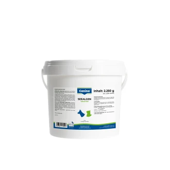 Weißer Kunststoffeimer mit Canina SEEALGEN TABLETTEN (Inhalt: 2.250 g), Nahrungsergänzungsetikett mit Silhouetten von Hund und Katze