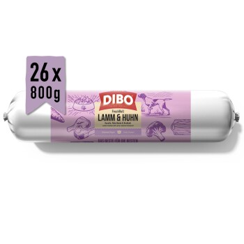 DIBO FreshRoll Hundefutterrolle, Lamm & Huhn mit Karotte, Rote Beete & Brokkoli, 26 x 800g Packung, lila Etikett mit Hund- und Gemüseillustrationen.