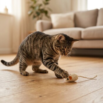 Getigerte Katze spielt mit einer Seilmaus auf einem Holzboden in einem Wohnzimmer mit Sofa.