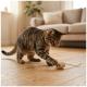Getigerte Katze spielt mit einer Seilmaus auf einem Holzboden in einem Wohnzimmer mit Sofa.