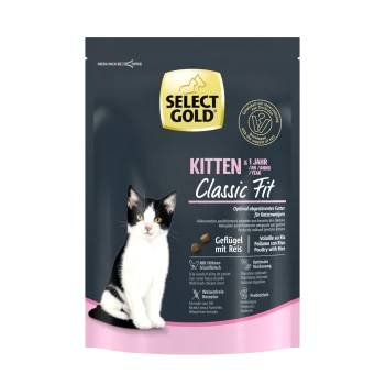 Select Gold Kitten Classic Fit Katzenfutterverpackung mit einem schwarz-weißen Kätzchen, mit Text, der Geflügel- und Reiszutaten hervorhebt.