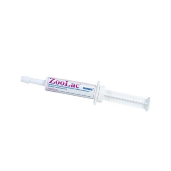 ZooLac ProPaste Tube für Haustiere, mit einem weißen Spritzendesign und lila Text, verwendet zur Unterstützung der Verdauungsgesundheit.