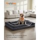 Labrador auf grauem Hundebett mit Decke und orangefarbener Halsbinde; sichtbares 'feandrea'-Logo und deutsche Bildunterschrift.