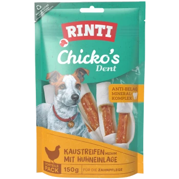 Verpackung von RINTI Chicko's Dent Hundezahnpflege-Kausnacks mit Hundeillustration; zeigt die Kausnacks und den Text 'ANTI-BELAG MINERAL-KOMPLEX' sowie '150 g'.