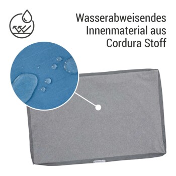 Nahaufnahme eines wasserabweisenden Haustierbettes mit Cordura-Stoff, das Tropfen zeigt. Text: "Wasserabweisendes Innenmaterial aus Cordura Stoff."