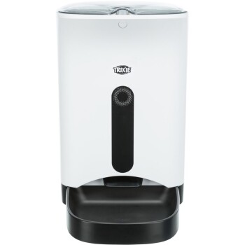 Automatischer Futterspender für Haustiere in Weiß und Schwarz mit einem transparenten Deckel, der das Trixie-Logo und eine Futterausgabeschale zeigt.