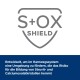 S+OX Shield-Logo auf einem Schild-Hintergrund, das das reduzierte Risiko von Struvit- und Calciumoxalatkristallen in deutschem Text fördert.
