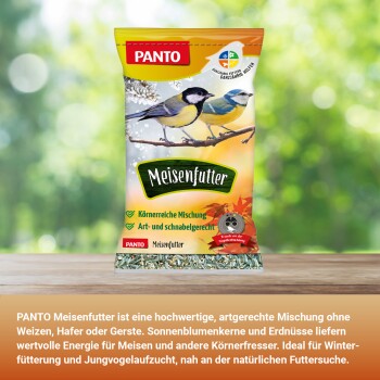 PANTO Meisenfutter Vogelfuttermischung mit Sonnenblumenkernen, Erdnüssen und Bildern von zwei Vögeln auf einem Ast auf der Verpackung.