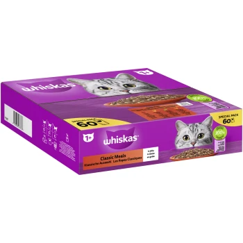 Whiskas Classic Meals Spezialpackung für Katzen, mit einer Nahaufnahme des Katzenkopfes auf einer lila Box, die 60 Portionen in Gelee enthält.