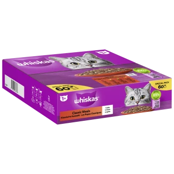 Whiskas Classic Meals Spezialpackung für Katzen, mit einer Nahaufnahme des Katzenkopfes auf einer lila Box, die 60 Portionen in Gelee enthält.