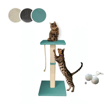 ® Katzenbaum Emmi mit Vollholz-Holm und Gratis-Beigabe türkis 45 cm, 77 cm, 45 cm Zwei Katzen interagieren mit einem türkisfarbenen und naturfarbenen Katzenbaum, der einen Kratzbaum und eine obere Plattform hat.