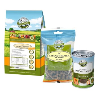 Haustierfutterprodukte von Bellfor: eine Tüte "Landgut-Schmaus", ein Päckchen "Landgut-Happen mit Insekten" und eine Dose "Landgut-Menü Insekten."