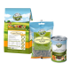 Haustierfutterprodukte von Bellfor: eine Tüte "Landgut-Schmaus", ein Päckchen "Landgut-Happen mit Insekten" und eine Dose "Landgut-Menü Insekten."