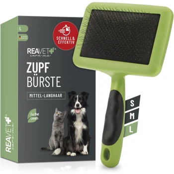 Tierpflegebürste mit grünem Griff, beschriftet mit "ZUPF BÜRSTE MITTEL-LANGHAAR", mit einer Katze und einem Hund auf der Verpackung.