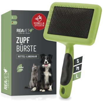 Tierpflegebürste mit grünem Griff, beschriftet mit "ZUPF BÜRSTE MITTEL-LANGHAAR", mit einer Katze und einem Hund auf der Verpackung.