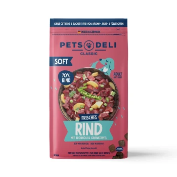 Weiche Haustierfuttertasche von Pets Deli mit Rindfleisch, Brokkoli und Granatapfel, 70% Rindfleisch, 2 kg, hergestellt in Deutschland.