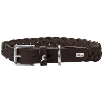 Brauner geflochtener Lederhundehalsband mit einer silbernen Schnalle und einem kleinen Logoanhänger, der eine Hundesilhouette zeigt.