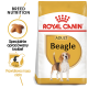 Torba z karmą dla psów Royal Canin Adult Beagle z żółtą etykietą, z ilustracją beagle'a i tekstem o odżywianiu rasy.