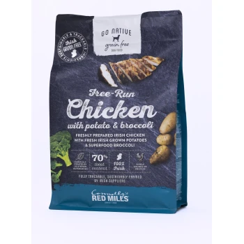 Dog food bag featuring "Go Native Grain Free" with free-run chicken, potatoes, and broccoli. Claims 70% meat content, 100% Irish.