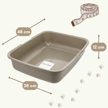 Beige rechteckige Katzentoilette (48×38×12 cm) mit GarPet-Label, Pfotenmuster und Maßangaben