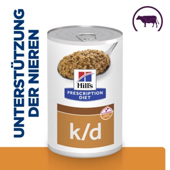 Hill's Prescription Diet k/d Dosenfutter für Haustiere zur Nierenunterstützung, mit einem Löffel des Futters auf der Dose, mit dem Text "UNTERSTÜTZUNG DER NIEREN."
