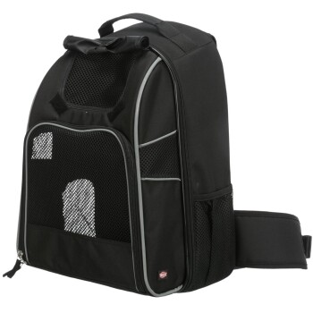 Schwarzer Haustiertrage-Rucksack mit Netzpaneelen zur Belüftung, mit einem oberen Griff und einem verstellbaren Seitengurt für Komfort.