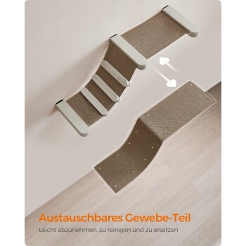 Eine wandmontierte Haustierrampe mit vier Stufen, hellen Holzrändern und abnehmbarem Stoff zur einfachen Reinigung, beschriftet mit "Austauschbares Gewebe-Teil."