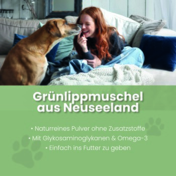 Grünlippmuschel aus Neuseeland, ein Nahrungsergänzungsmittel für Pferde, mit Texten über natürliche Zutaten und hohe GAG-Gehalte.