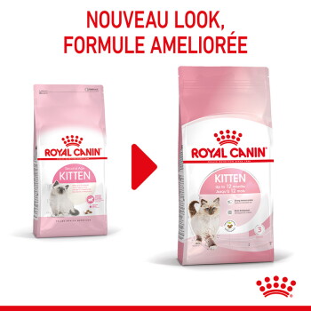 Deux sacs Royal Canin pour chatons (ancien et nouveau) avec flèche rouge ; texte visible : « NOUVEAU LOOK, FORMULE AMÉLIORÉE », « ROYAL CANIN », « KITTEN », « Jusqu'à 12 mois »