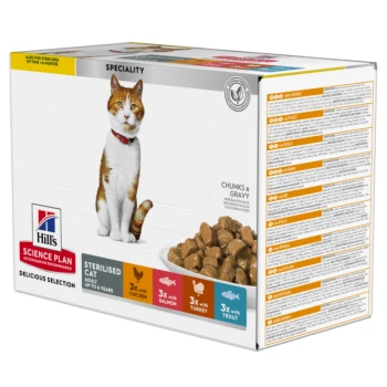 SCIENCE PLAN Sterilised Cat Adult Multipack 12x85 g Hill's Science Plan Katzenfutterbox mit einer Katze, beschriftet mit 'Spezialität', mit Stückchen in Soße. Enthält Geschmäcker: Huhn, Lachs, Truthahn, Forelle.