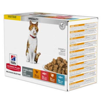 Hill's Science Plan Katzenfutterbox mit einer Katze, beschriftet mit 'Spezialität', mit Stückchen in Soße. Enthält Geschmäcker: Huhn, Lachs, Truthahn, Forelle.