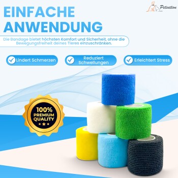 Bunte Tierbandagen, die in einer Pyramide gestapelt sind, mit Text, der ihre Vorteile hervorhebt: Schmerzlinderung, Schwellungsreduktion und Stressabbau.