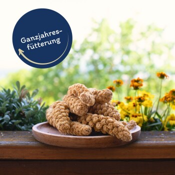 Ein Holzbrett mit beigen Haustierleckerlis und einem blauen Etikett mit der Aufschrift "Ganzjahresfütterung" vor einem verschwommenen grünen Blumenhintergrund.