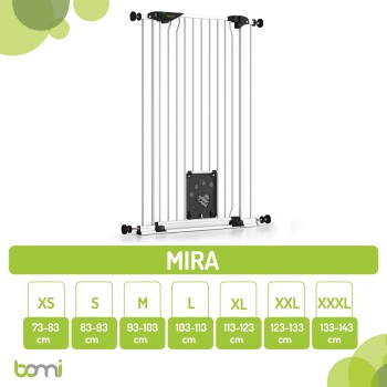 Ein weißes Haustiergitter namens "MIRA", das mit Größenoptionen von XS bis XXXL, von 73-143 cm, vor einem hellen Hintergrund angezeigt wird.