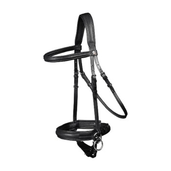 Schwarzes Leder-Haustiergeschirr mit verstellbaren Riemen und einem Metallring zur Leinenbefestigung, vor einem weißen Hintergrund gezeigt.