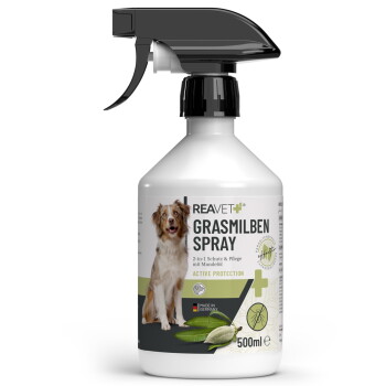 REAVET Grasmilben Spray für Haustiere, 500ml Flasche mit Hundelabel, mit "2-in-1 Schutz & Pflege mit Mandelöl" und "Aktiver Schutz."