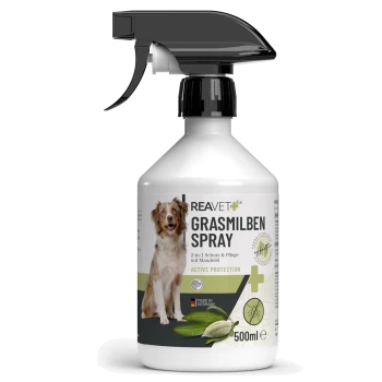 REAVET Grasmilben Spray für Haustiere, 500ml Flasche mit Hundelabel, mit "2-in-1 Schutz & Pflege mit Mandelöl" und "Aktiver Schutz."