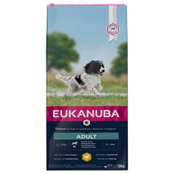 Eukanuba premium hondenvoerzak met een speelse middelgrote hond op de voorkant, gelabeld 'ADULT' voor leeftijden van 1-7 jaar, 12kg.