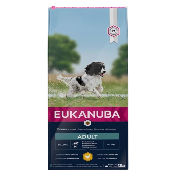 Eukanuba premium hondenvoerzak met een speelse middelgrote hond op de voorkant, gelabeld 'ADULT' voor leeftijden van 1-7 jaar, 12kg.