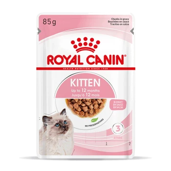 Royal Canin rosa Beutel 85 g Kätzchen‑Feuchtfutter ‚KITTEN‘ bis 12 Monate, Schüssel mit Stücken in Soße, Kätzchenbild, ohne Konservierungsstoffe