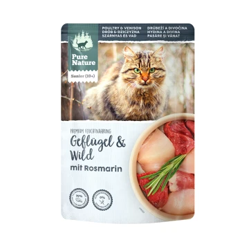 Senior Geflügel & Wild 12x85g Katze Futterbeutel mit einer flauschigen Katze mit grünen Augen, beschriftet "Pure Nature Senior (10+)" mit "Geflügel & Wild" und "Poultry & Venison".